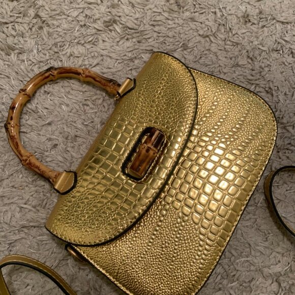 Neiman Marcus Lucine Gold Crocodile Leather Bamboo Handle Shoulder Bag - Picture 2 of 5
